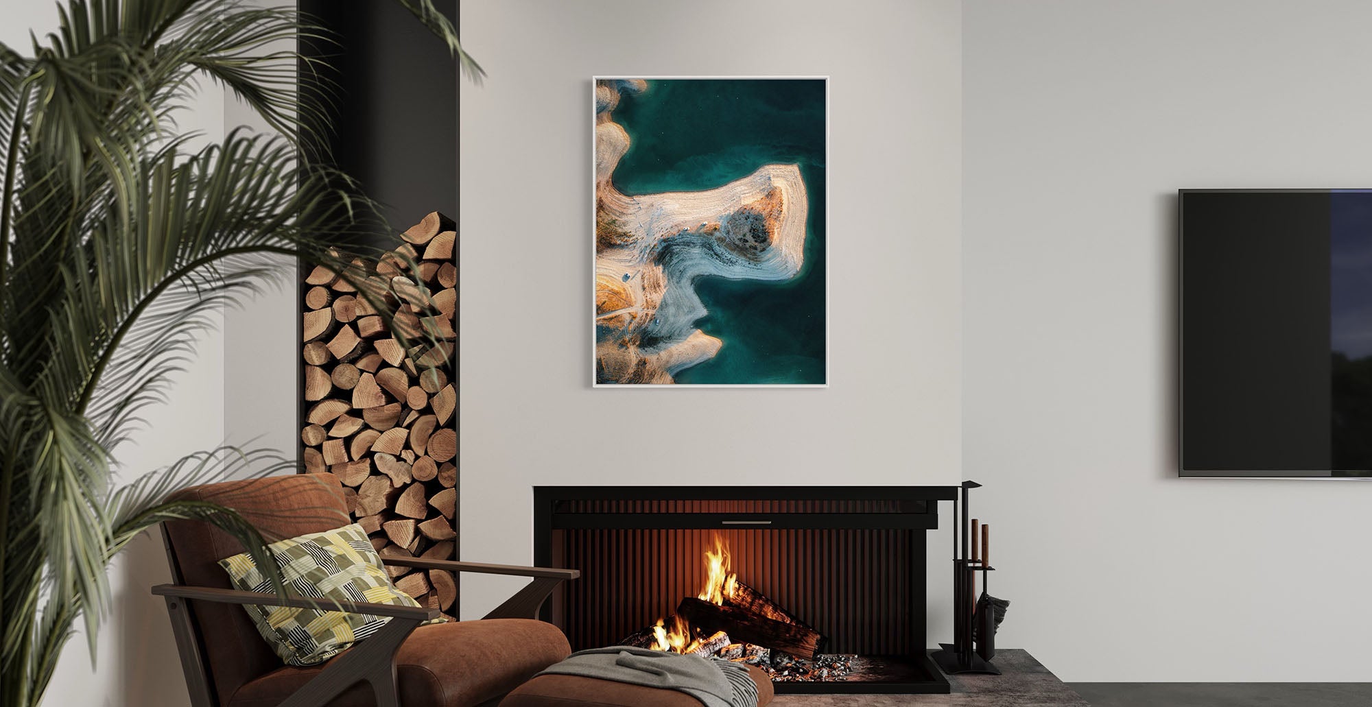 float framed canvas above a fireplace