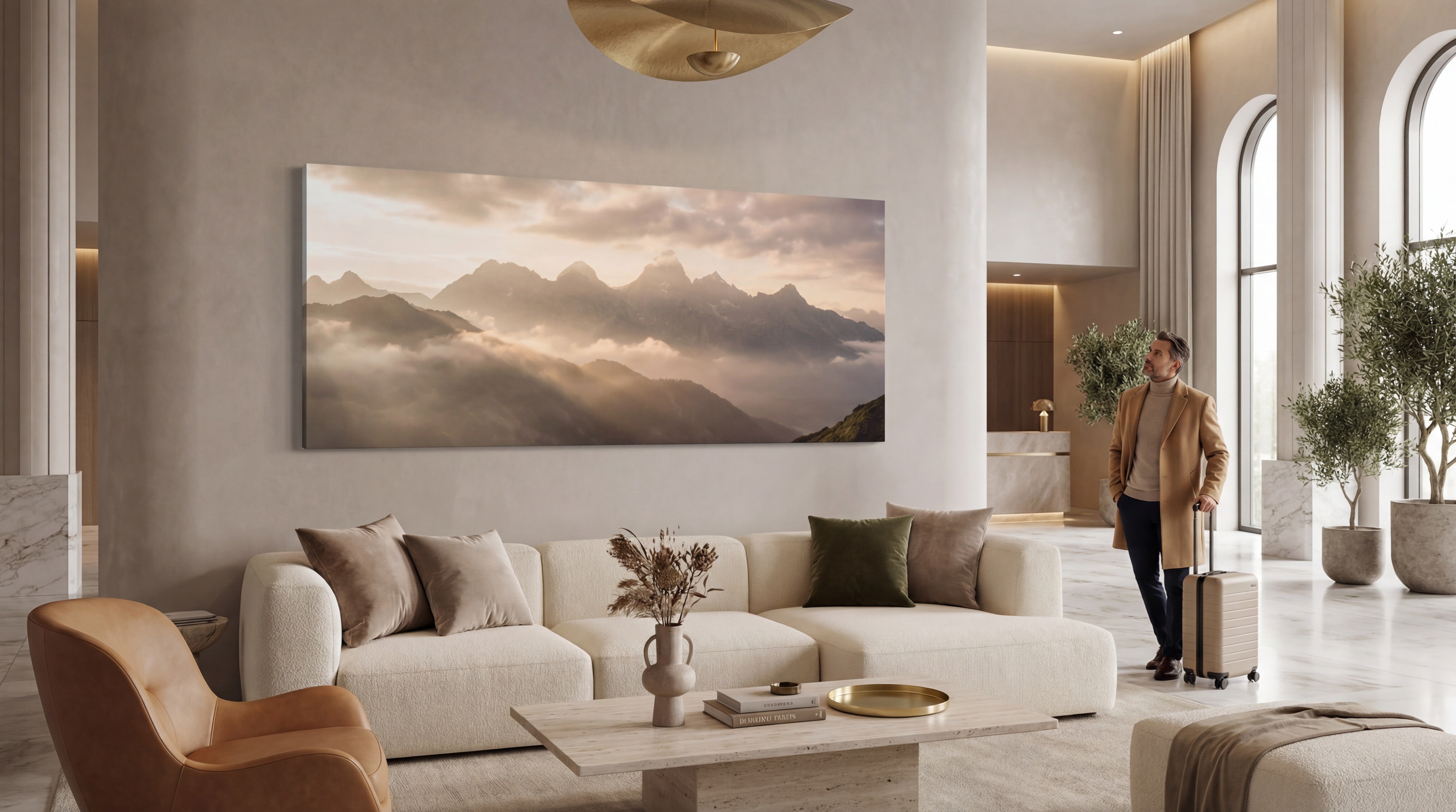 extra large canvas in hotel lobby being admired by a guest