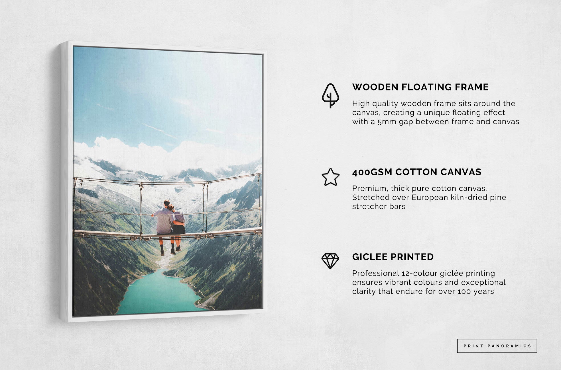Float framed canvas - white frame with info