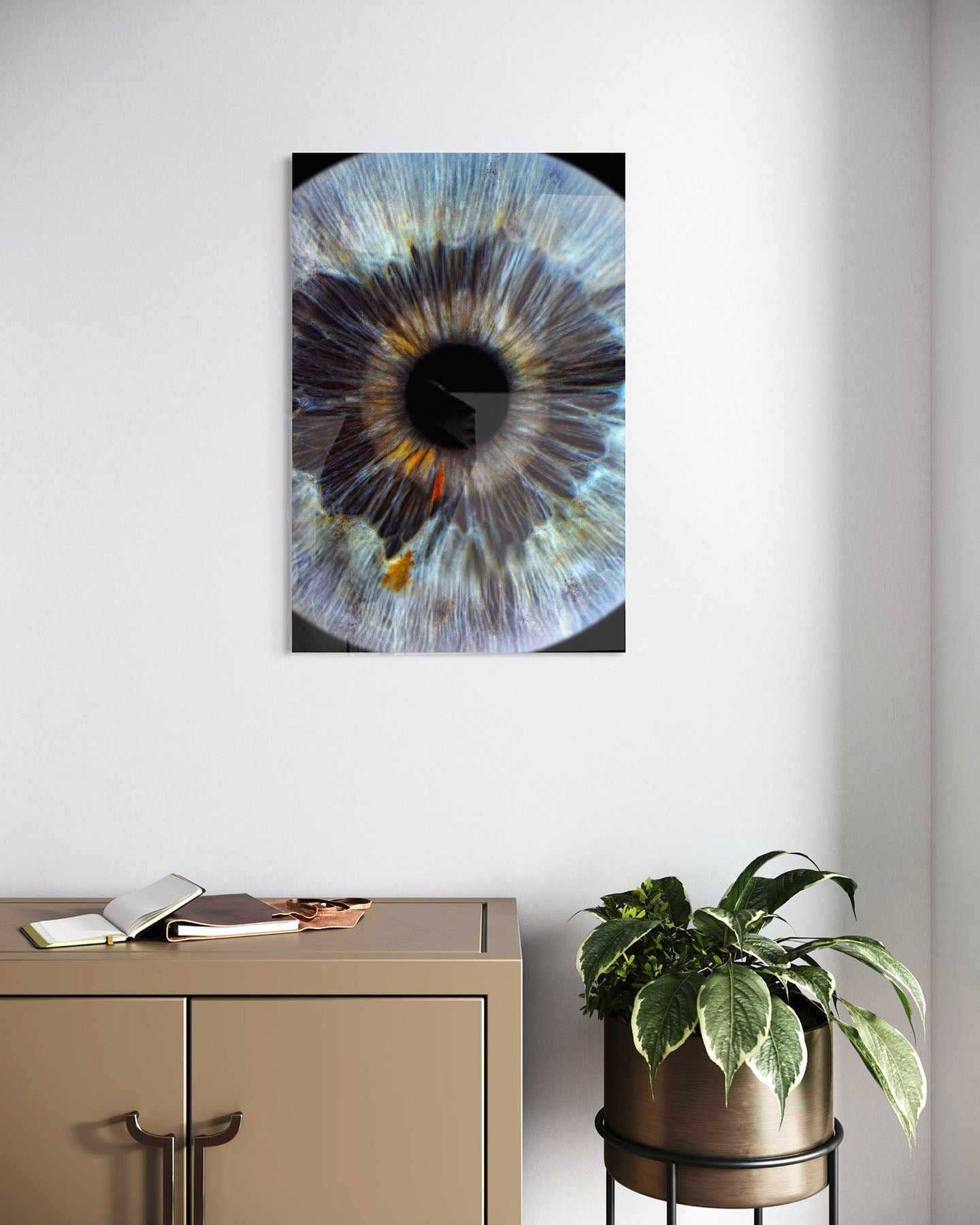acrylic iris eye print hanging on wall