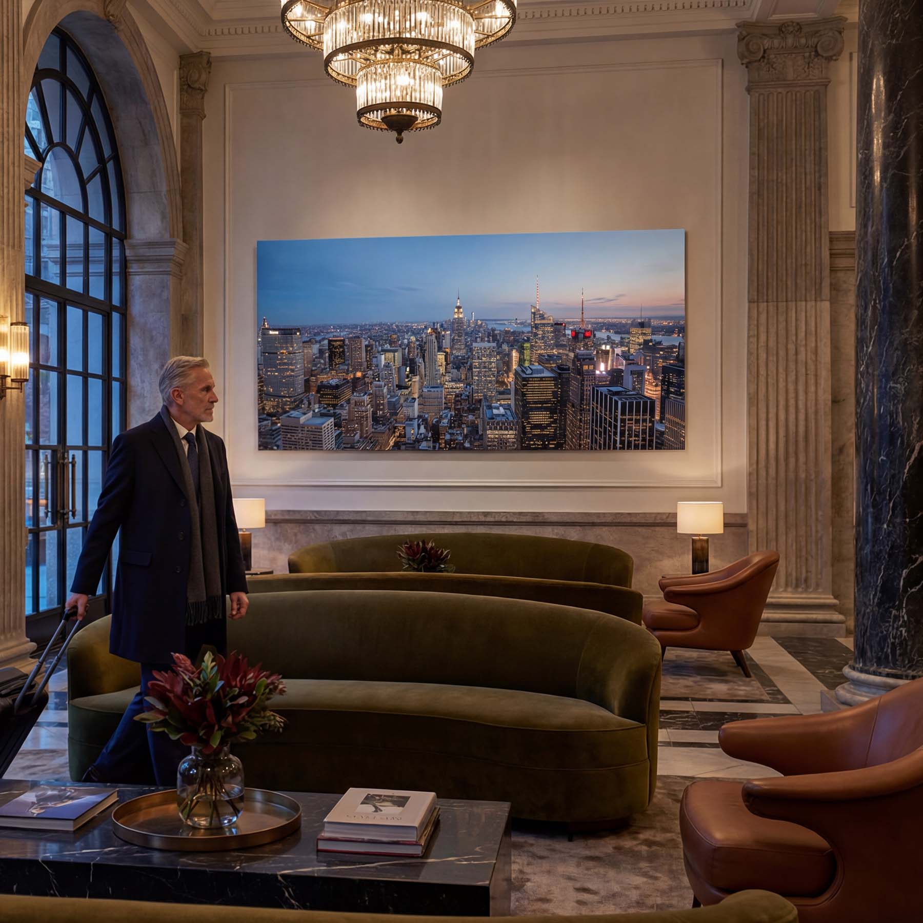 Man in a suit standing in a luxurious lobby with a cityscape canvas print on the wall.