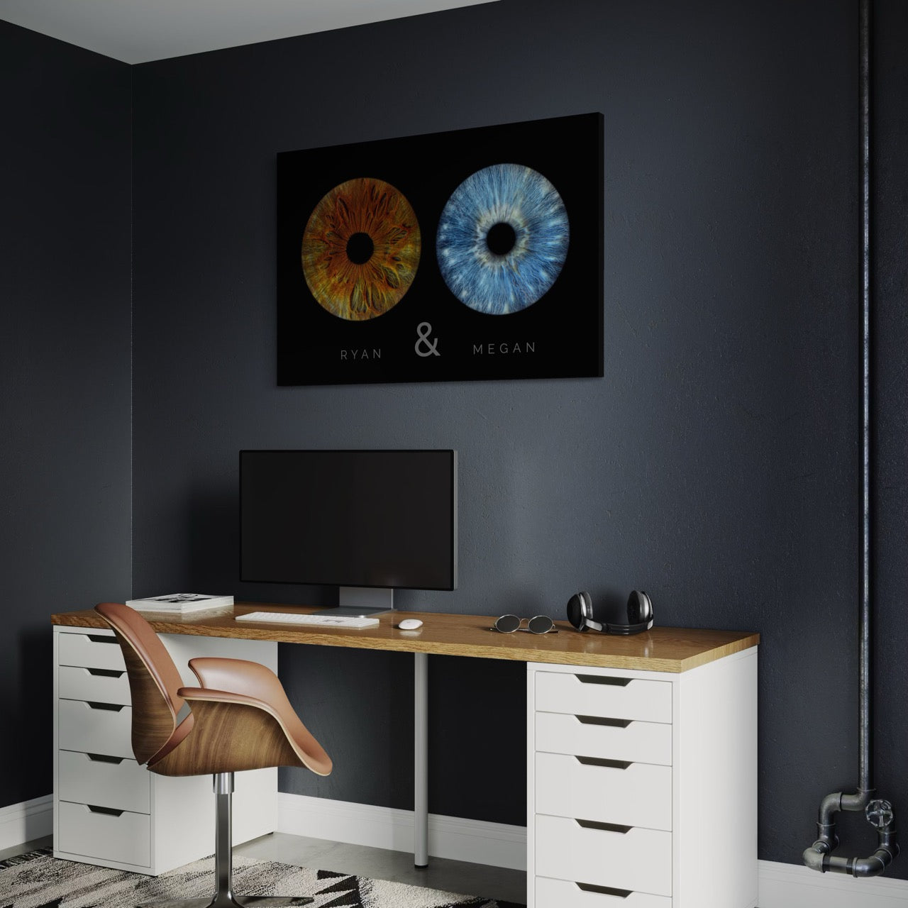 Eye art printed on canvas of a couples iris and their names on the print