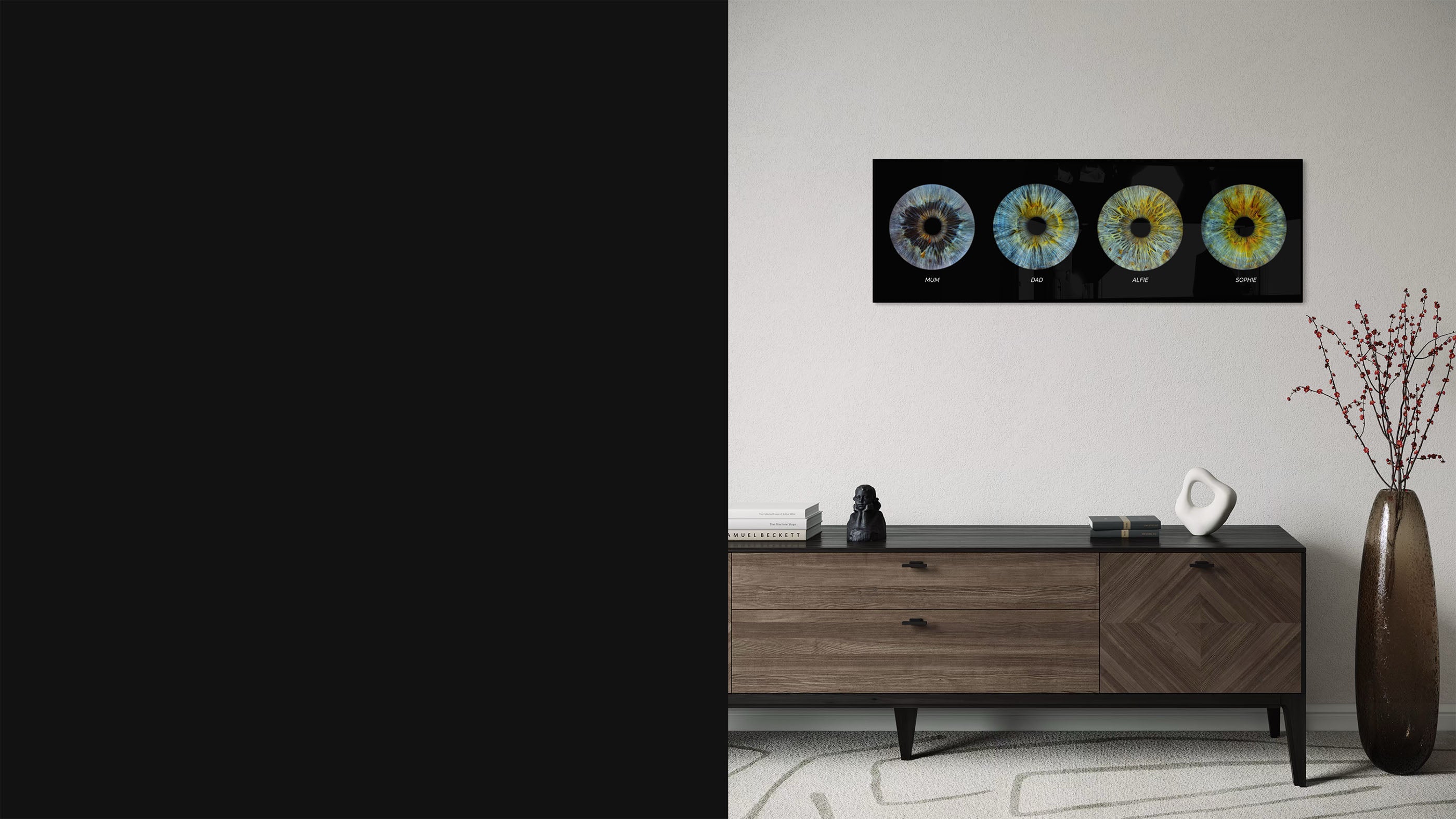 Modern living room with a wooden console table, decorative items, and family eye wall art.