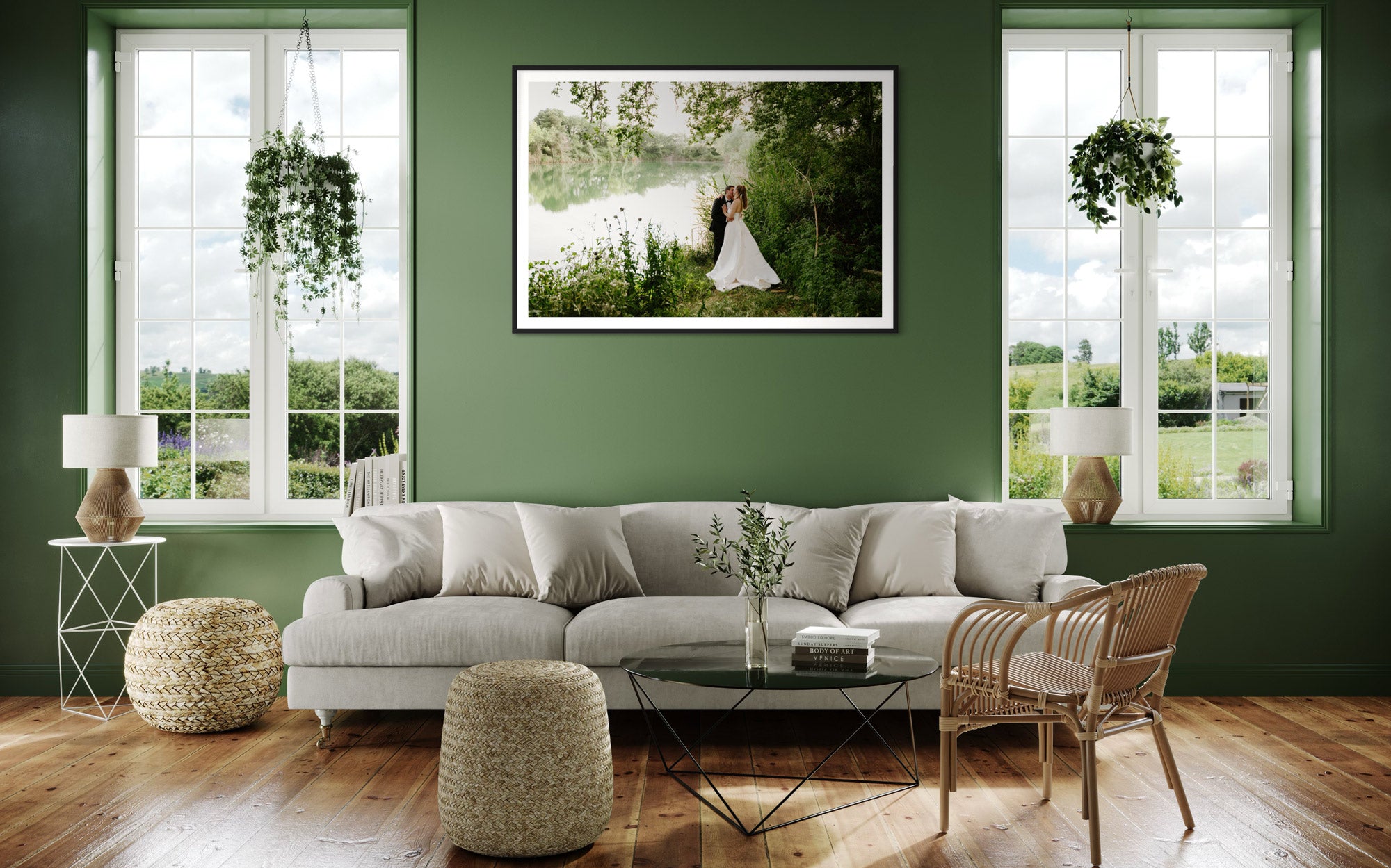 custom framed print of a special wedding photo hanging in home