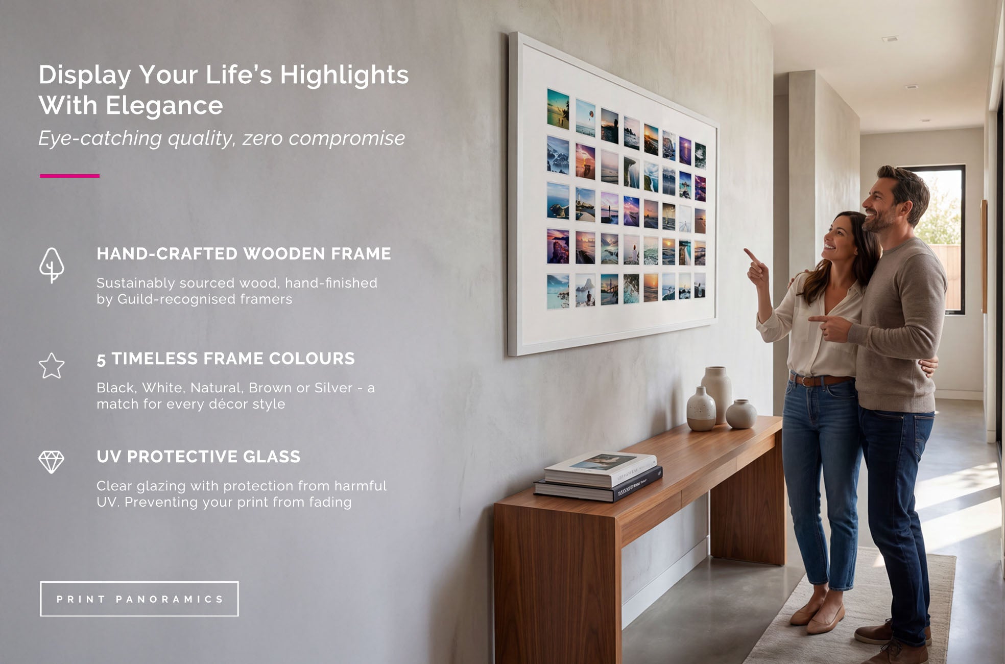 A couple admiring their new gallery frame with product details describing the features