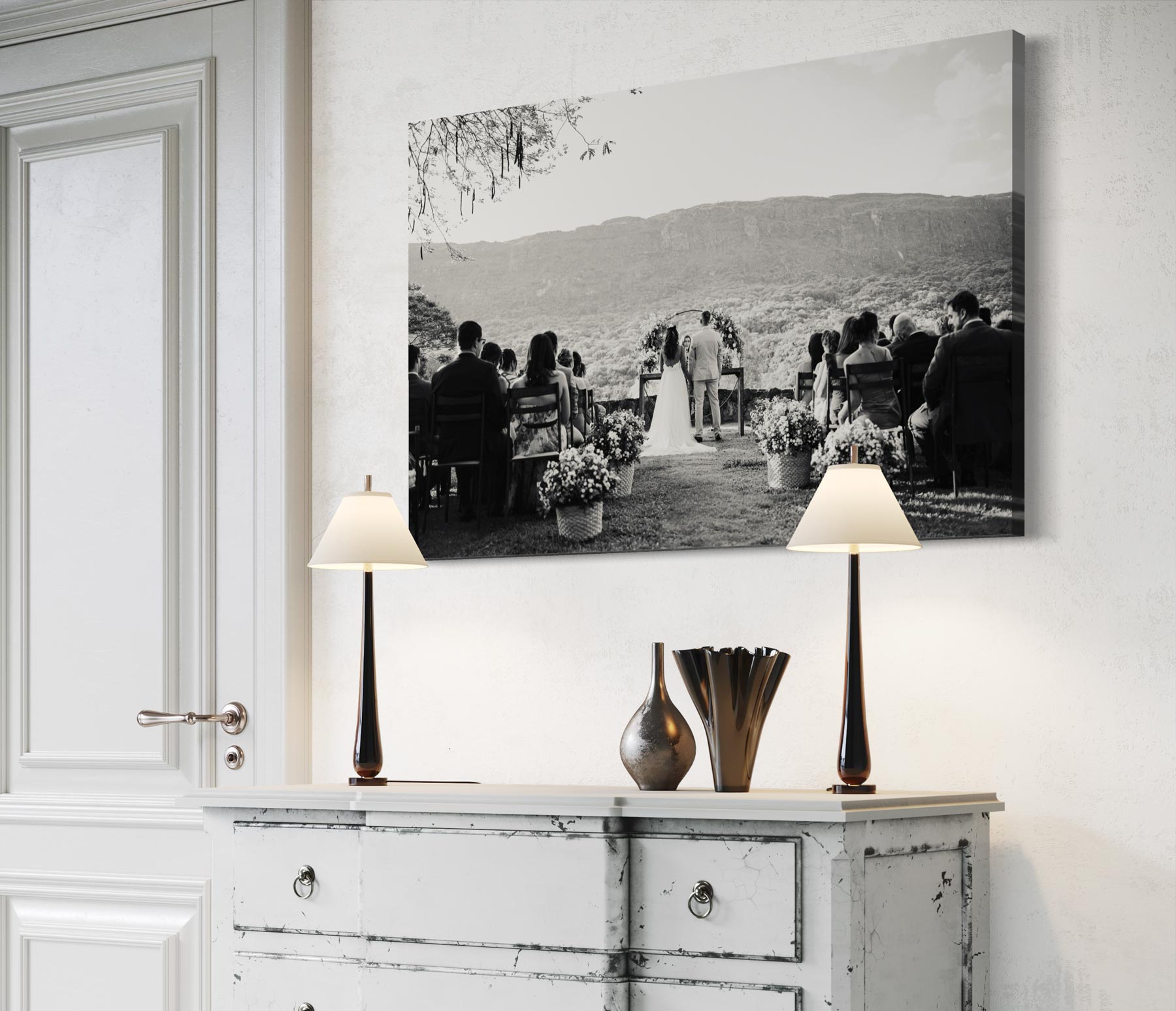 black and white wedding canvas print hanging on the wall
