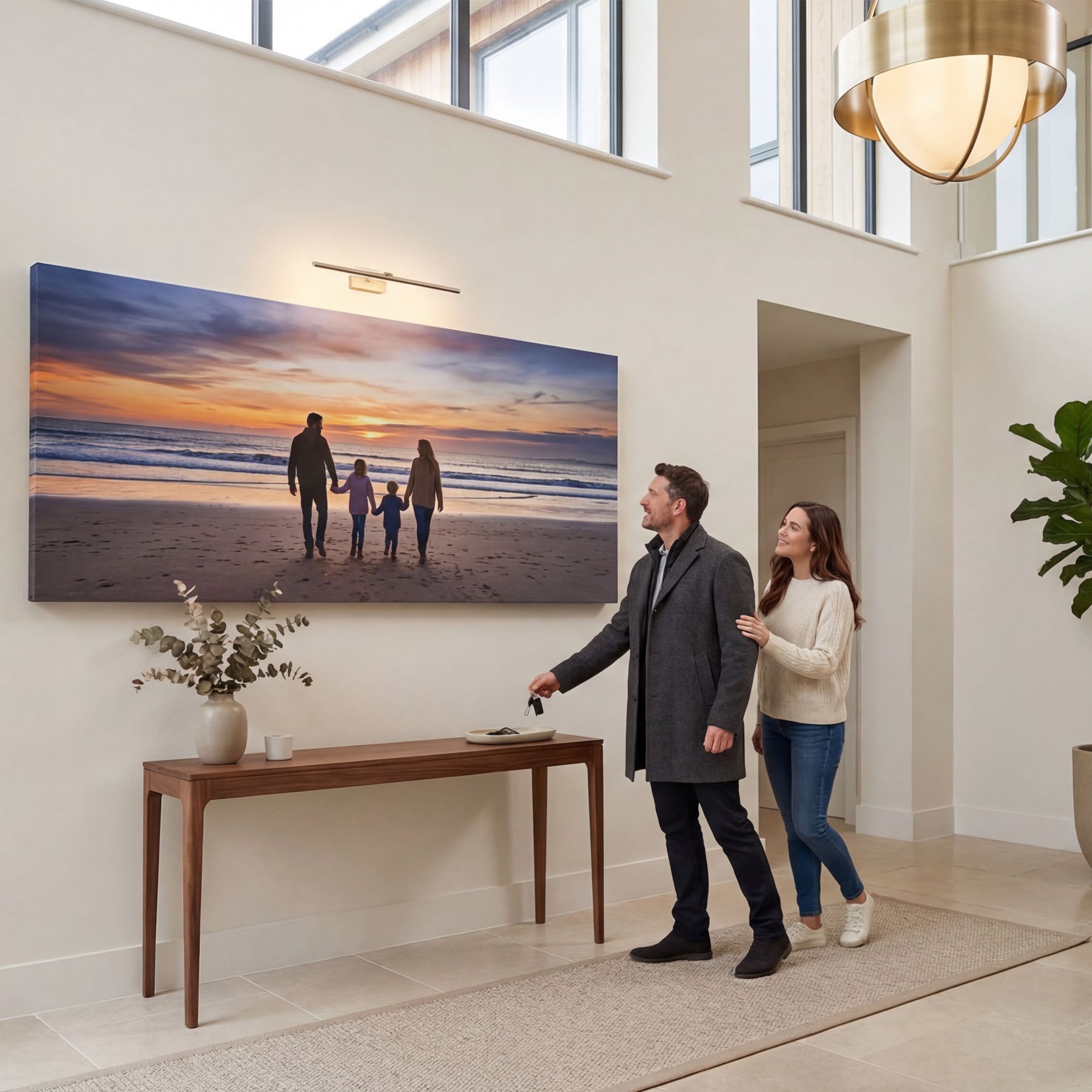 Man and woman walking in a modern home with a large canvas print displaying a family on a beach.