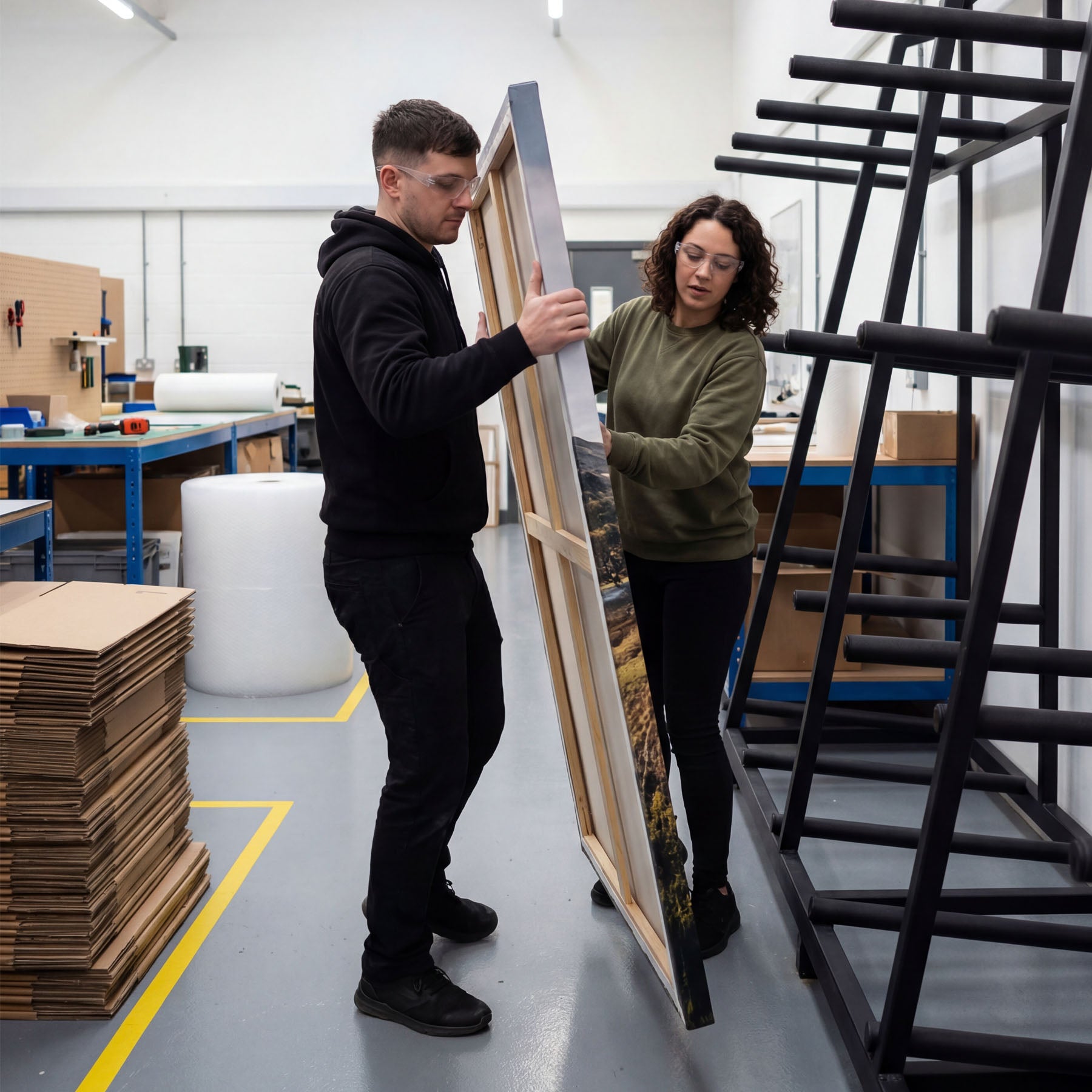 Two people working with large canvas prints in a workshop setting.
