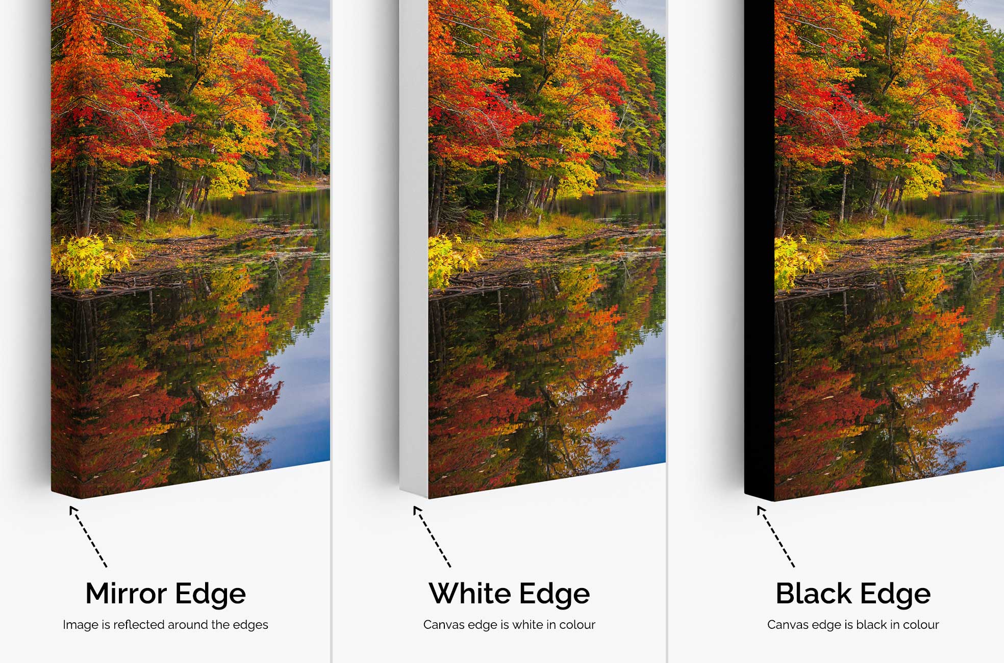 Panoramic canvas edges choices - mirror, white and black