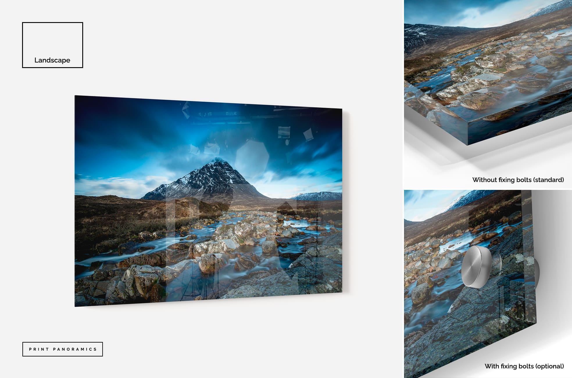 Landscape acrylic print with or without fixing bolts