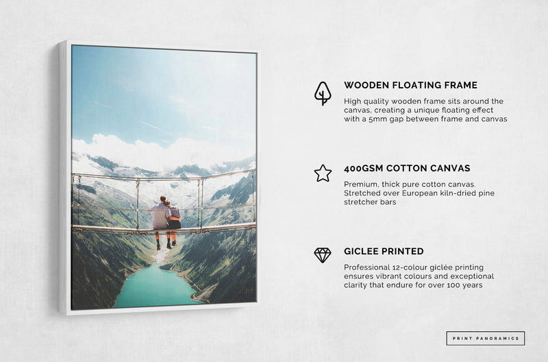 Float framed canvas - white frame with info