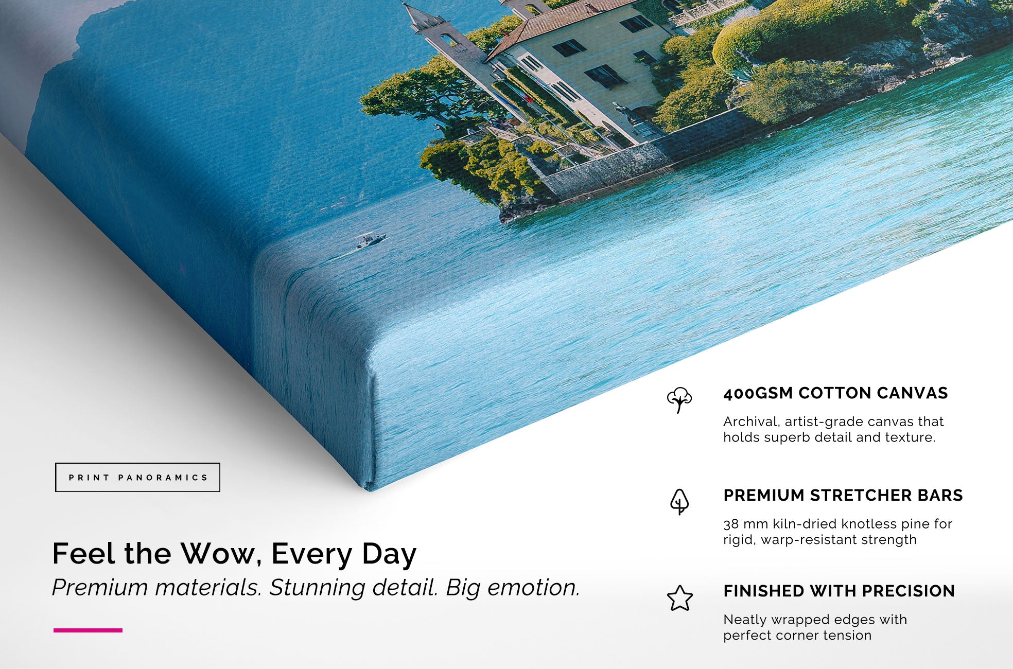 Canvas print of a scenic landscape with text about premium materials and finishes.