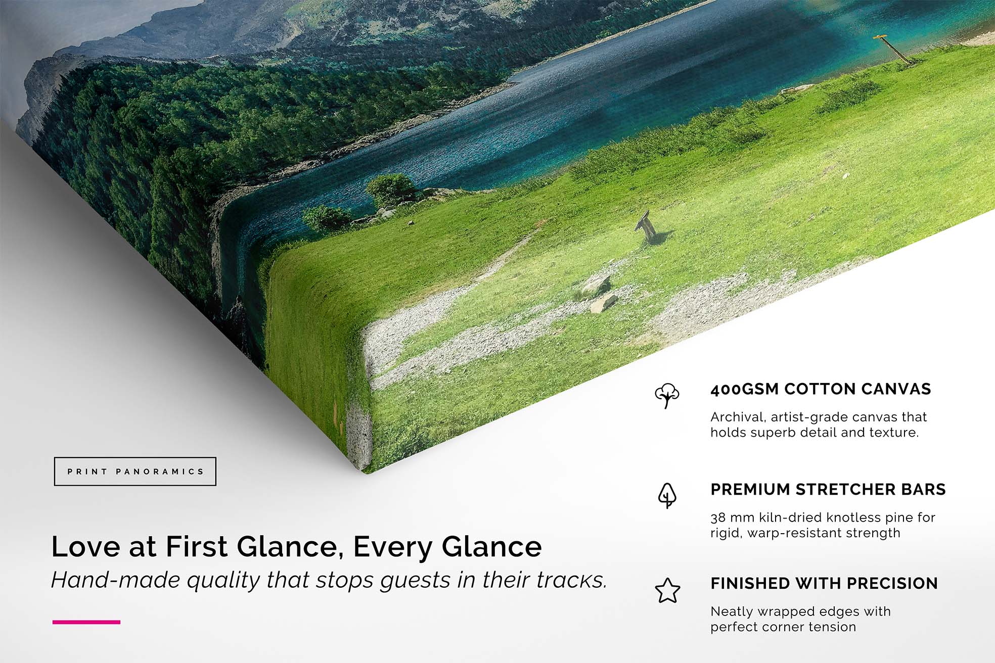 Canvas print of a scenic landscape with text about print parameters.