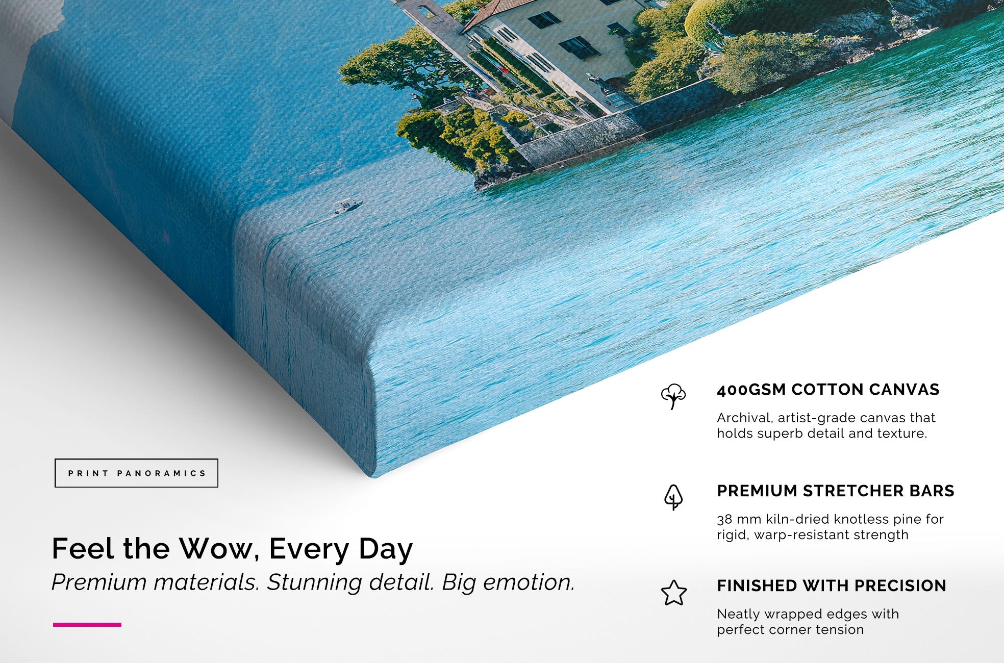 Canvas print of a scenic landscape with text about premium materials and finishes.