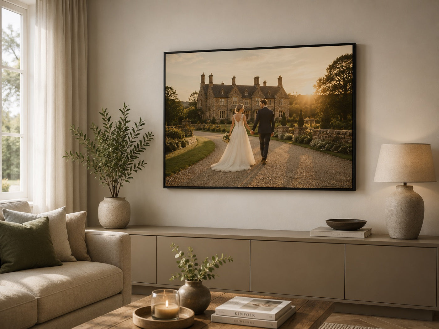 A framed horizontal canvas photographic print hangs on a beige wall in a styled living room. The framed canvas print shows a bride and groom walking hand in hand along a garden path toward a large chateau at sunset.