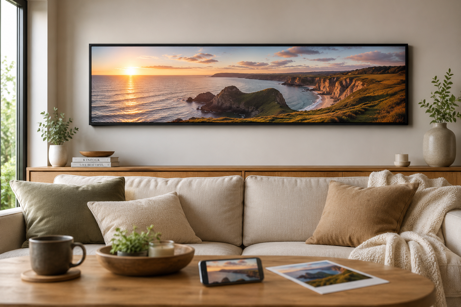 A large framed panoramic canvas landscape print of a coastal sunset hangs on a beige wall above a light wood console and a cream sofa with pillows in a styled living room.