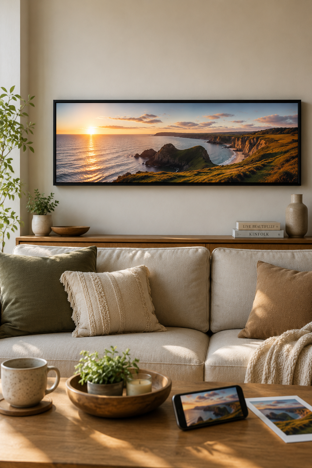 A floating framed canvas panoramic art print of a coastal sunset hangs on a beige wall above a modern sofa in a styled living room setting.