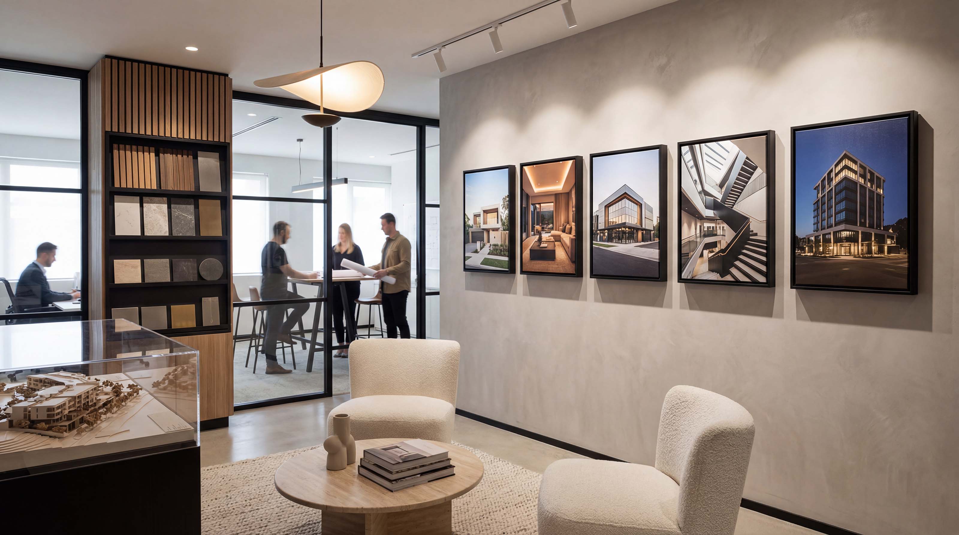 Framed canvas prints on a wall in an architects office 