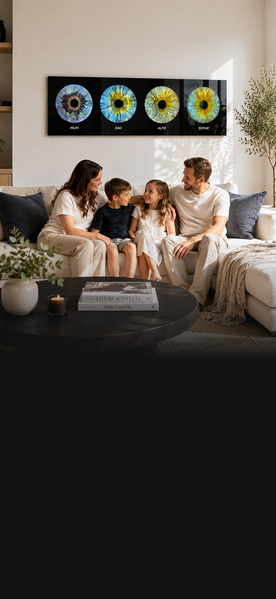 Panoramic acrylic print of iris eyes on the wall with the family of the eyes below