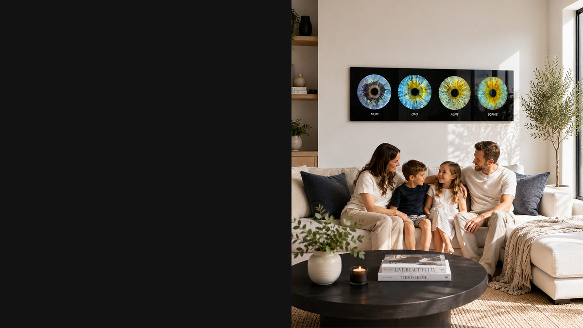 A panoramic acrylic wall art print featuring four iris eyes of the family sitting below it