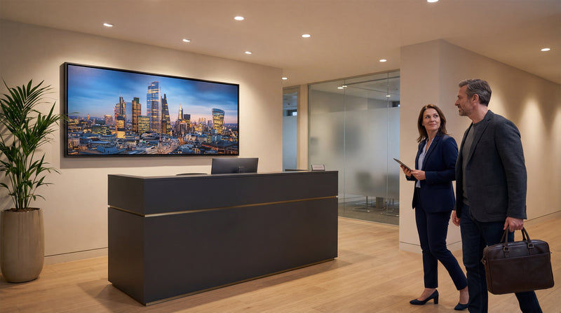 Panoramic framed canvas above an office reception desk