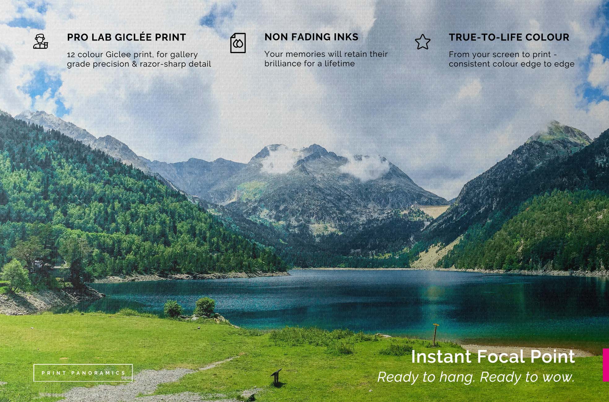 Scenic landscape with mountains and a lake printed on canvas, featuring text about print quality.
