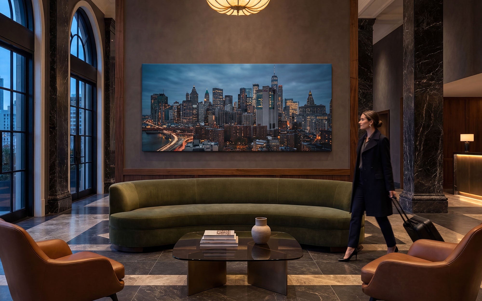 Large canvas print in a city hotel lobby