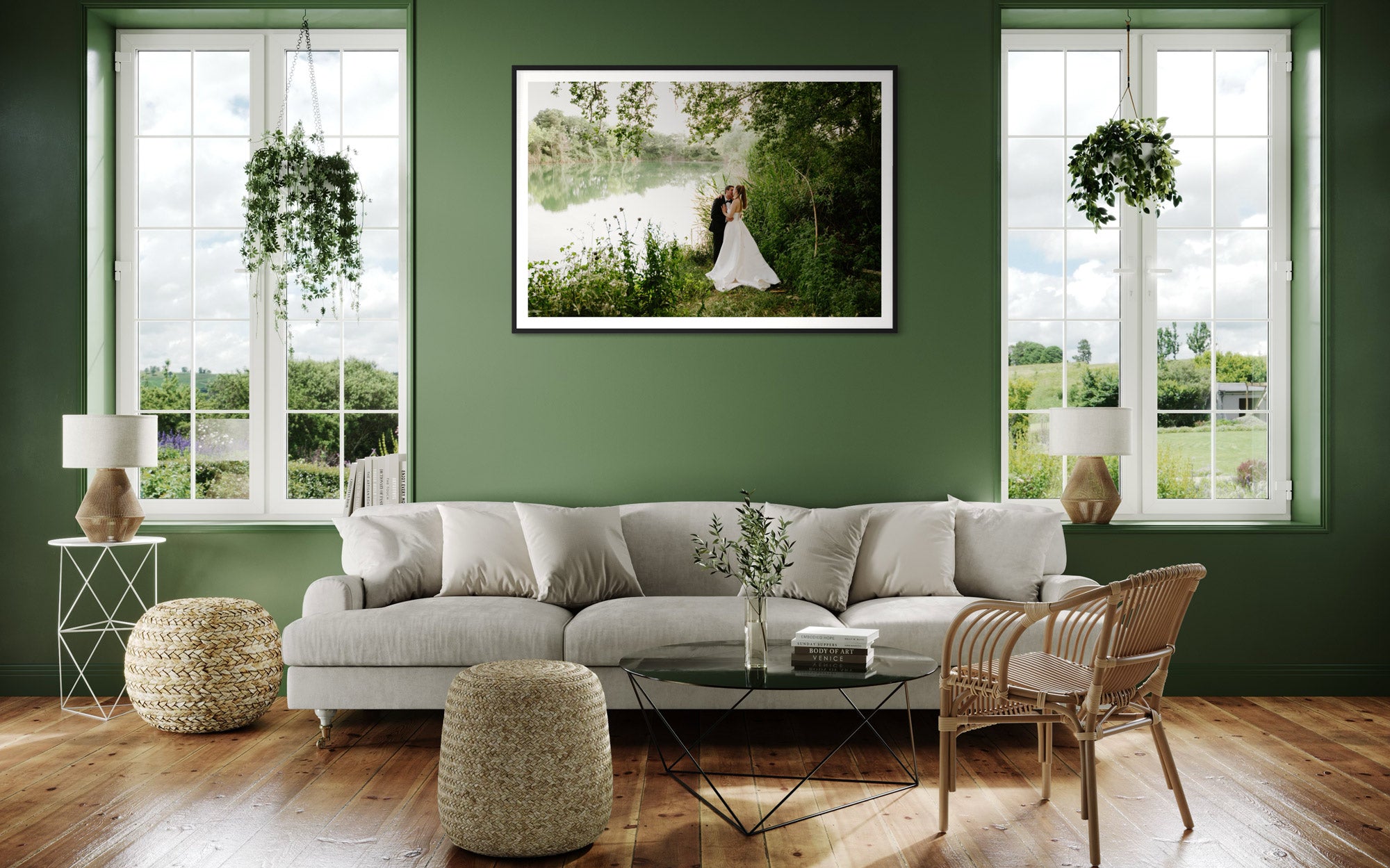 custom framed print of wedding hanging in home