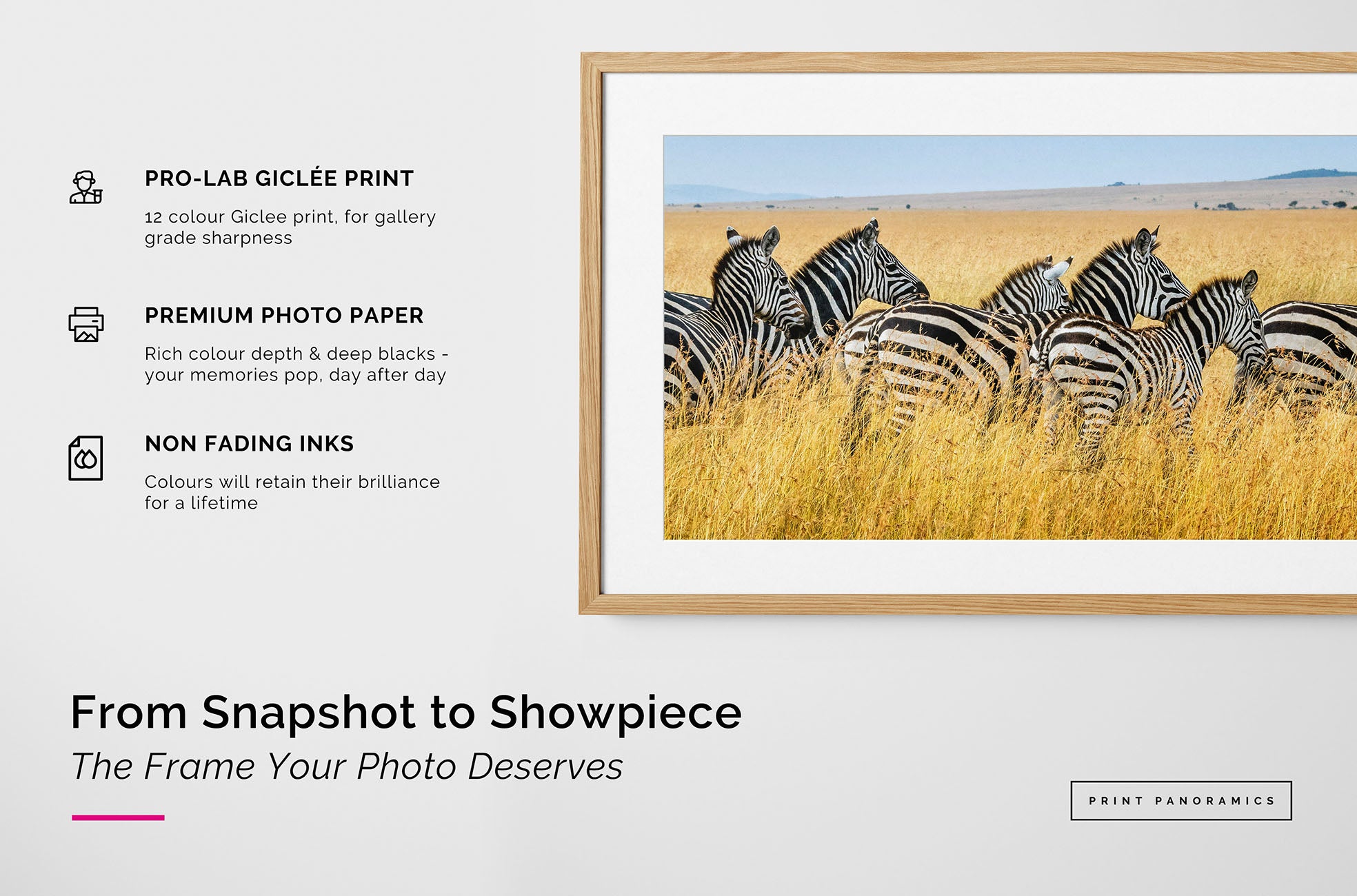 Panoramic framed and mounted photo print details