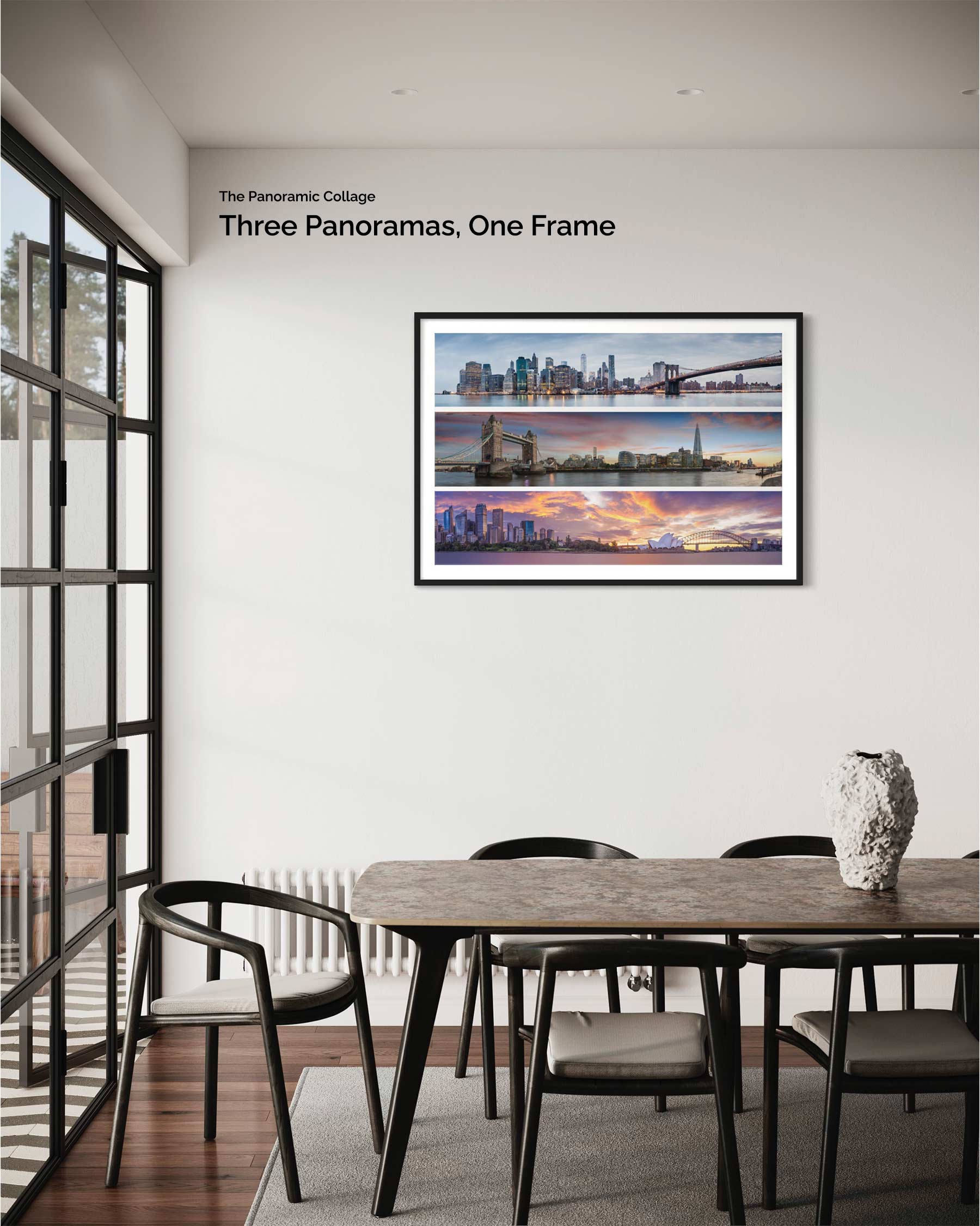 Panoramic collage framed and mounted photo print. Three panoramas in one frame