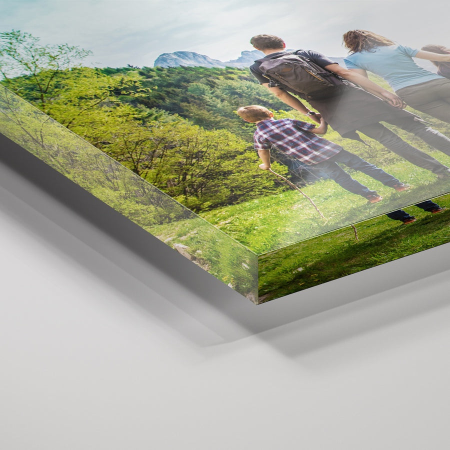 Close-up of an acrylic photo print showing its glossy surface and polished edge