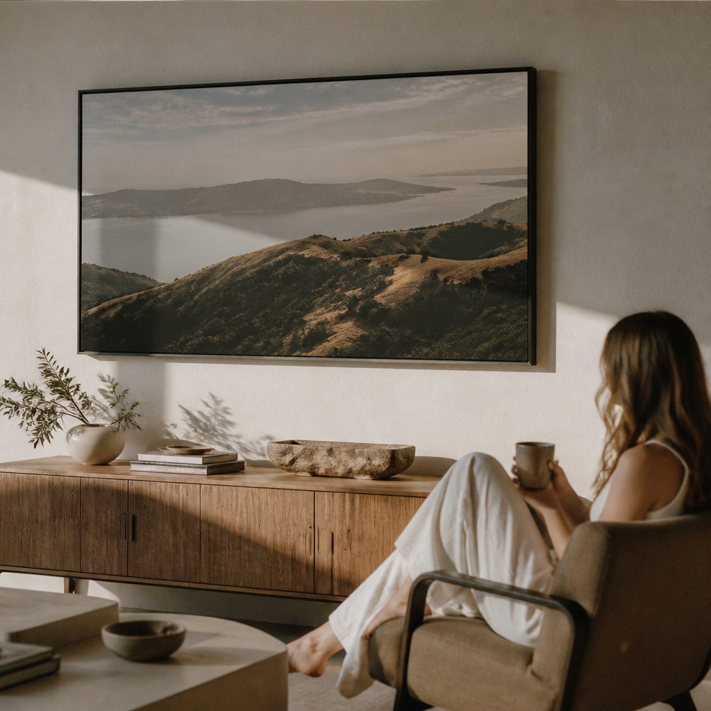 Floating framed canvas hanging on living room wall 