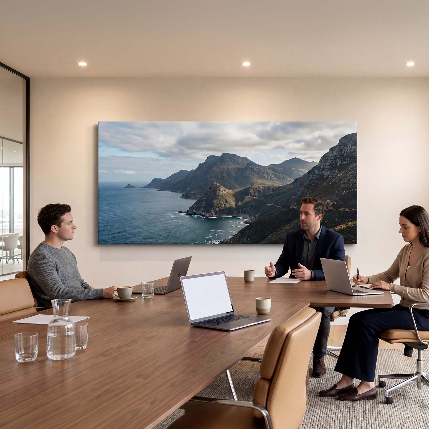 Three people in a meeting room with a large mountain panoramic canvas on the wall.