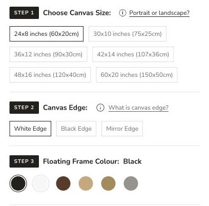 Product page showing print size, canvas edge and frame colour choices
