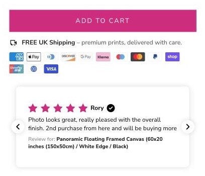 Add to cart button with free UK shipping, payment methods and a customer review