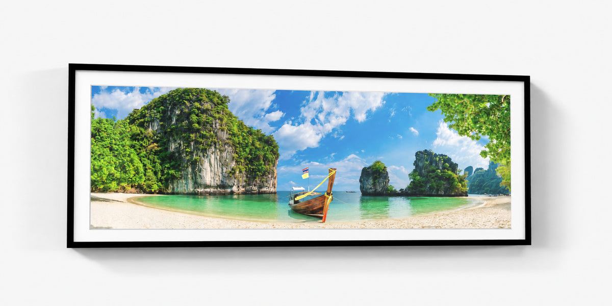A panoramic beach photo in a black frame with a white mount, shown as a clean PP Studio product preview.