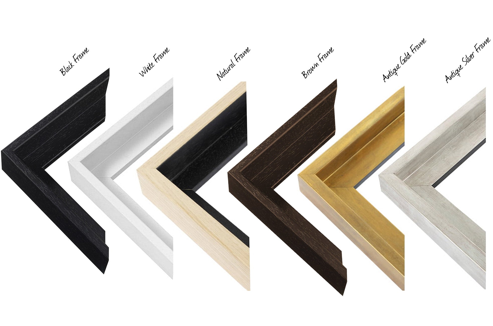 Floating frames in black, white, natural, brown, antique gold and antique silver